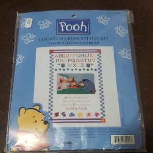 LEISURE ARTS WALT DISNEY'S POOH TOO MUCH HONEY SAMPLER COUNTED CROSS STITCH KIT.
